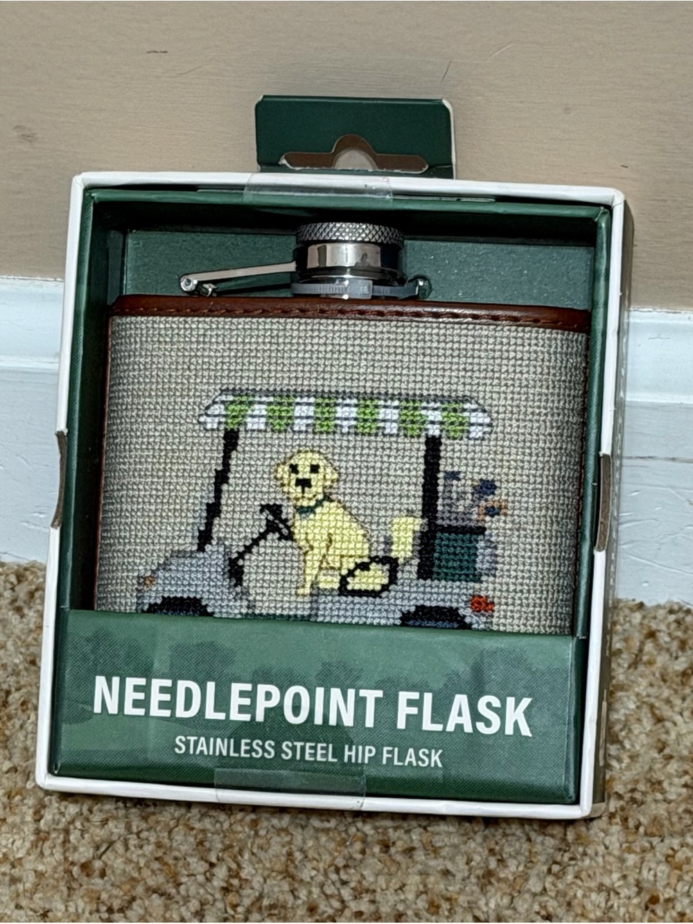 Needlepoint Hip Flask with Yellow Dog and Green Canopy